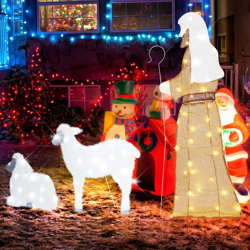 DROFELY Outdoor Lighted-up Shepherd & Sheep Nativity Decorations - 42' Flat Christmas Display with LED Lights for Indoor/Outdoor - Image 4
